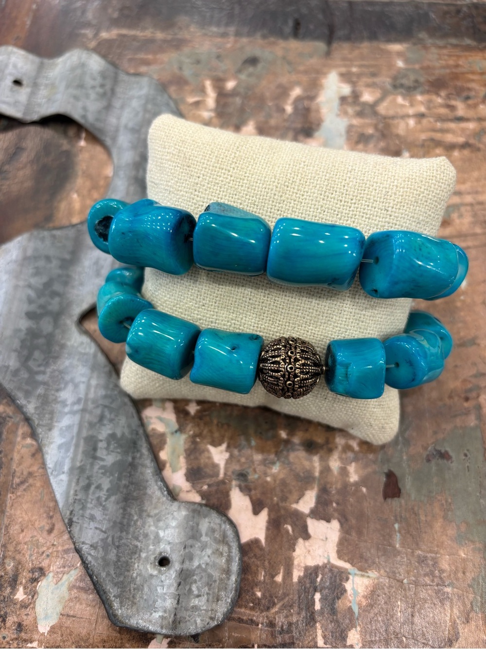 Barse 2 Piece Turquoise Blue Beaded Stretch Bracelet with Ornate Accent